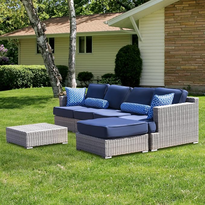 Vanity Art High-Density Polyethylene (HDPE) Wicker 6 Piece Outdoor Furniture Conversation Sofa Set | Patio Couch with Cushion, and Back Rest Pillow for Balcony Backyard, Garden, Fully Assembled
