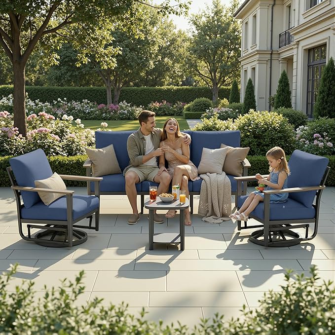 5-Seat Outdoor Patio Furniture Set Aluminum Sectional Sofa Set, Patio Conversation Set with High Backrest & Thickened Cushions for Garden, Backyard, Poolside, Navy Blue