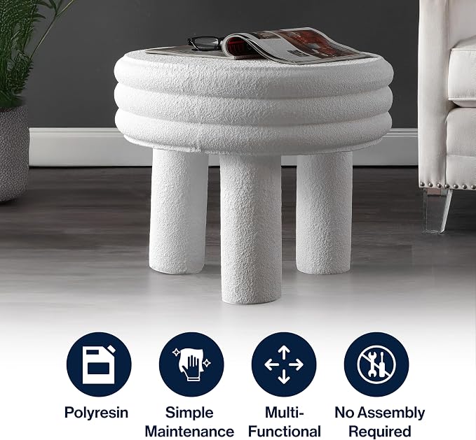 JONATHAN Y Rashida 18" Modern Round Polyresin Indoor Outdoor Accent Coffee Table, Weather Resistant Low Table with Chunky Ribbed Stacked Ring Design and Tripod Pillar Base, White Frosted TBL1106C