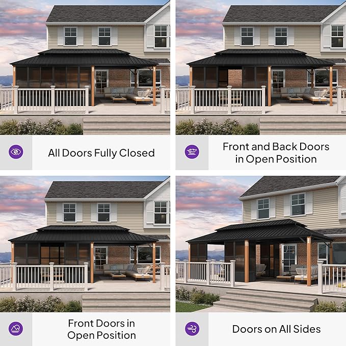 PURPLE LEAF 12' x 24' Hardtop Gazebo Sunroom, Enclosed Patio Solarium with Mesh & Removable PC Panels, Outdoor Magnetic Sliding Doors Living Space for Backyard Lounge, Dining & Spa
