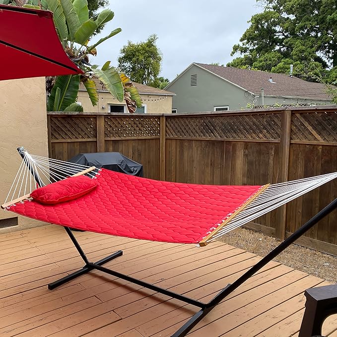 Sunnydaze Quilted Fabric Double Hammock with 12-Foot Stand - 400-Pound Capacity - Black Stand - Red