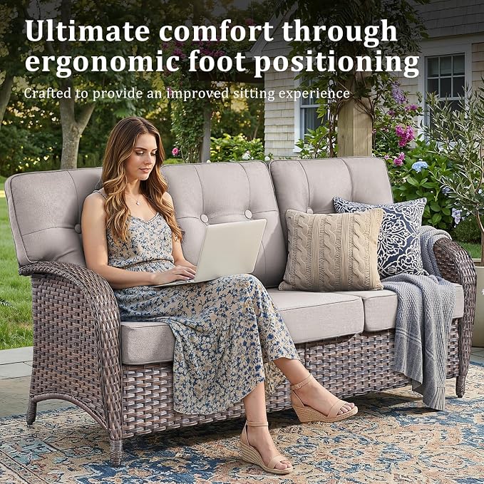 9-Piece Wicker Patio Furniture Set with 5-Inch Thick Cushions Weather Resistant Rattan High Back Swivel Rocker Chairs Senior Friendly Conversation Set for Small Porch Deck Sunroom Brown/Beig