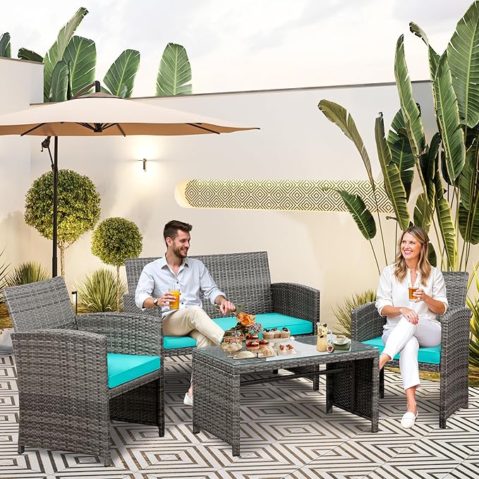 SUNLEI 4-Piece Outdoor Patio Furniture Set, Rattan Chair Wicker Conversation Set, Backyard Porch Garden Poolside Gray Rattan Sofa Set r with Cushion for Outdoor Indoor Use (Sky Blue)