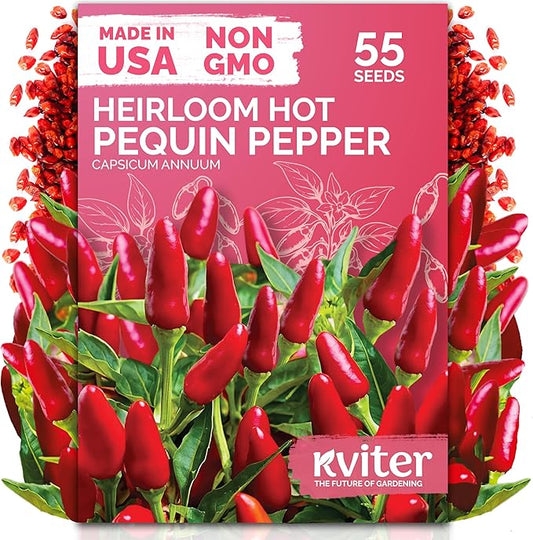 KVITER 55 Hot Pequin Pepper Seeds (Capsicum Annuum) Chile Piquin, Spicy, Heat Tolerant, Heirloom, Non GMO Seed Packets - Annual Vegetable Seeds for Containers, Greenhouses, Vegetable Garden