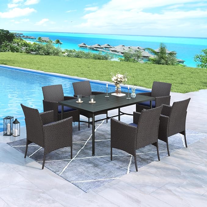 MFSTUDIO Outdoor Dining Sets for 6, 7 Pieces Outdoor Rattan Dining Table Furniture Set, Patio Table and Chairs for 6, Wicker Patio Dining Set for Porch, Backyard