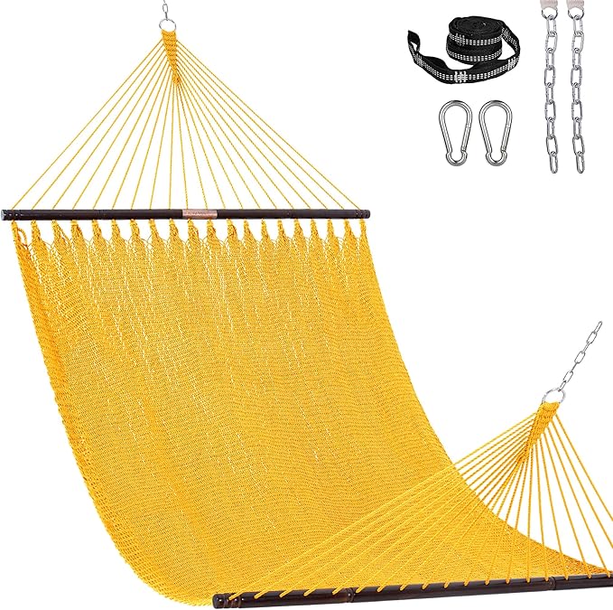 Lazy Daze Hammocks 13 FT Extra Large 2+ Person Caribbean Rope Hammock, Hand Woven Polyester XL Hammock with Spreader Bars, for Outside Outdoor Backyard Patio Poolside, 500 LBS Capacity, Yellow