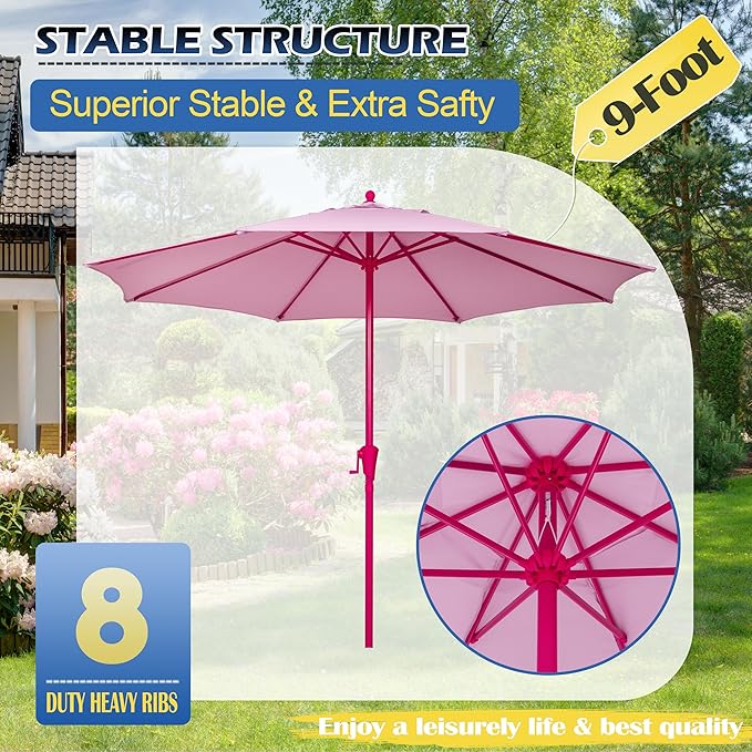 Sunnyglade 9FT Outdoor Patio Umbrella, Market Table Umbrella with 8 Sturdy Ribs and Crank System, Fade-resistant & Waterproof for Garden Backyard Poolside Deck