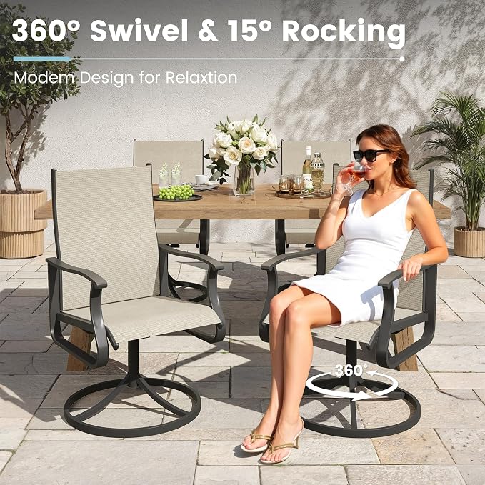 7 Pieces Patio Dining Set, Patio Outdoor Furniture Set of 6 Patio Swivel Dining Chairs and Patio Spliced Rectangular Tabletop with Umbrella Hole, for Deck, Backyard, Poolside & Garden