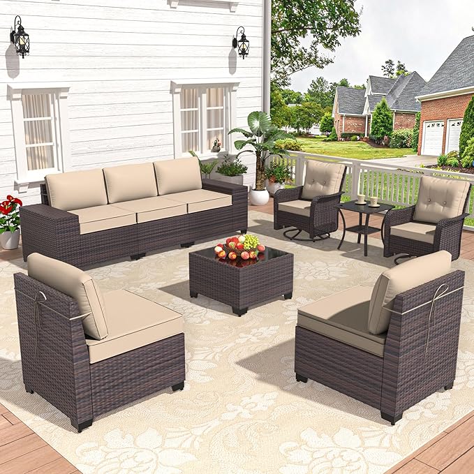 Patio Furniture Set 9 Pieces Outdoor Swivel Rocking Chairs Sofa Set,PE Rattan Wicker Patio Conversation Set with Thickened Cushions and Glass Coffee Table,Sand