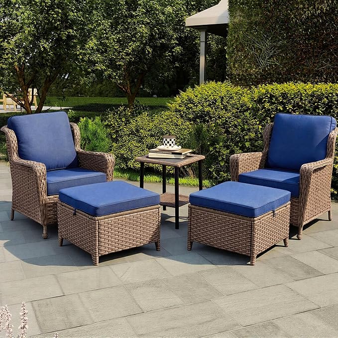 5 Piece Patio Furniture Set with Ottomans, PE Wicker Outdoor Chairs with Cushions & Tempered Glass Table, Space-Saving Balcony Furniture Set for Porch, Garden, Backyard, Blue