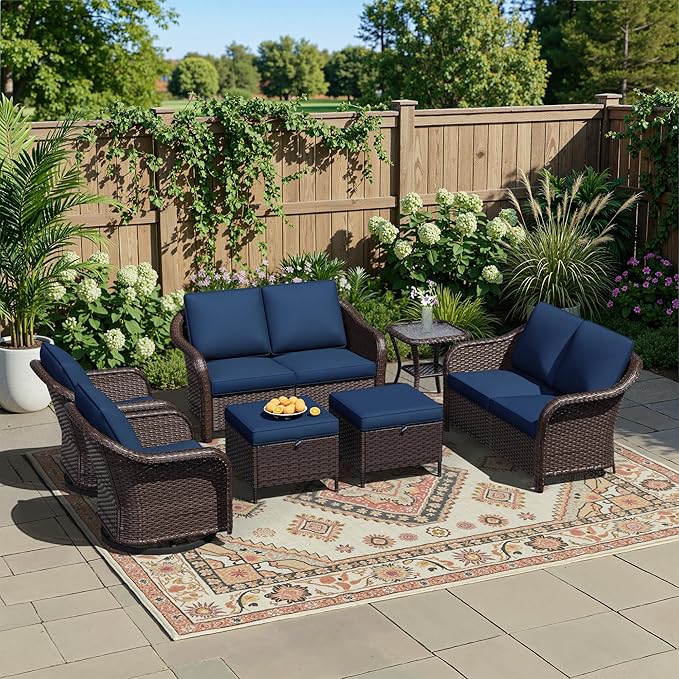 7 Piece Patio Wicker Conversation Set, 2 All-Weather Use Outdoor Wicker Loveseat with 2 PE Rattan Ottomans,2 Swivel Chair, 1 Side Table, Ideal for Porch, Backyard, Balcony, Poolside, Blue