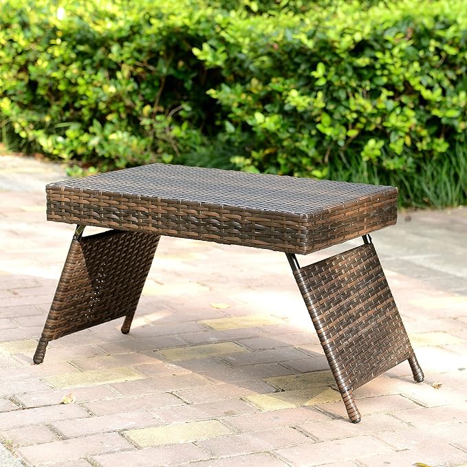 AC Pacific Portable Folding Wicker Table for Eating, Outdoor Deck Furniture with Weather-Resistant Rattan, Rectangle Foldable Patio Coffee Stand, Easy to Clean, 23 Inch Wide, Brown