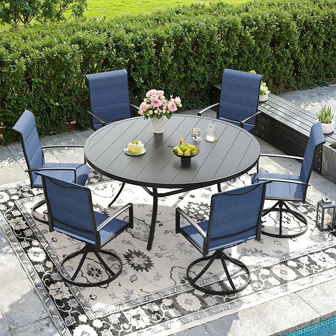 DIFY 7 Piece Outdoor Patio Dining Set for 6, 50" Black Round Metal Dining Table and Swivel Patio Chairs with Blue Padded Textilene, All-Weather Outdoor Furniture Set for Garden Backyard Porch