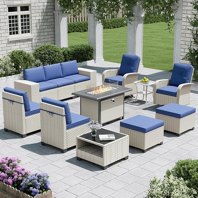 12-Piece Outdoor Patio Furniture Set with Fire Pit, Modular Sectional Sofa Set with Swivel Rocker Chairs & Ottomans, Wicker Outdoor Couch Conversation Sets w/Coffee Table and Cushions, Blue