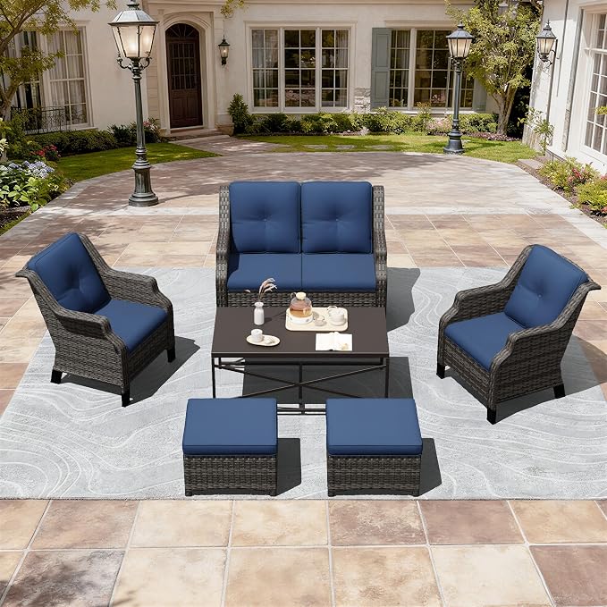 Outdoor Patio Furniture Set, 6 Piece Wicker Patio Furniture with Thick Cushions, Curved Armrest, Deep Seating, Rattan Outdoor Chairs for Porch, Deck, Balcony