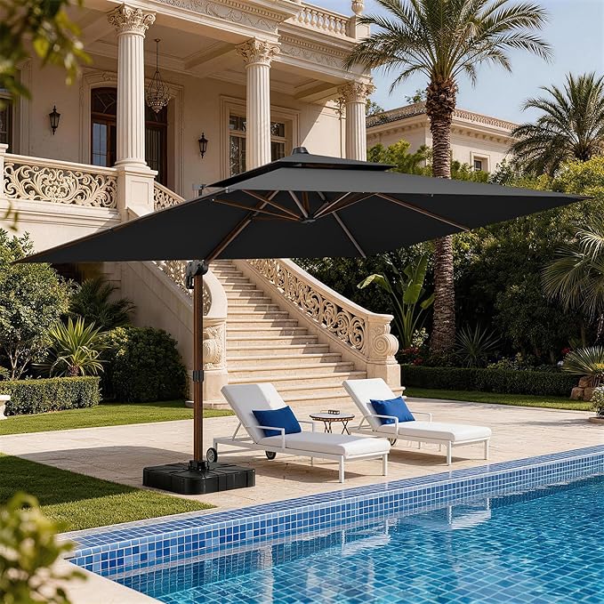 10x13FT Cantilever Outdoor Patio Umbrellas with Base, Double Top Wood Pattern Rectangle Umbrella, Heavy Duty 360°Rotation Offset Umbrella for Garden Deck Pool Patio, Black
