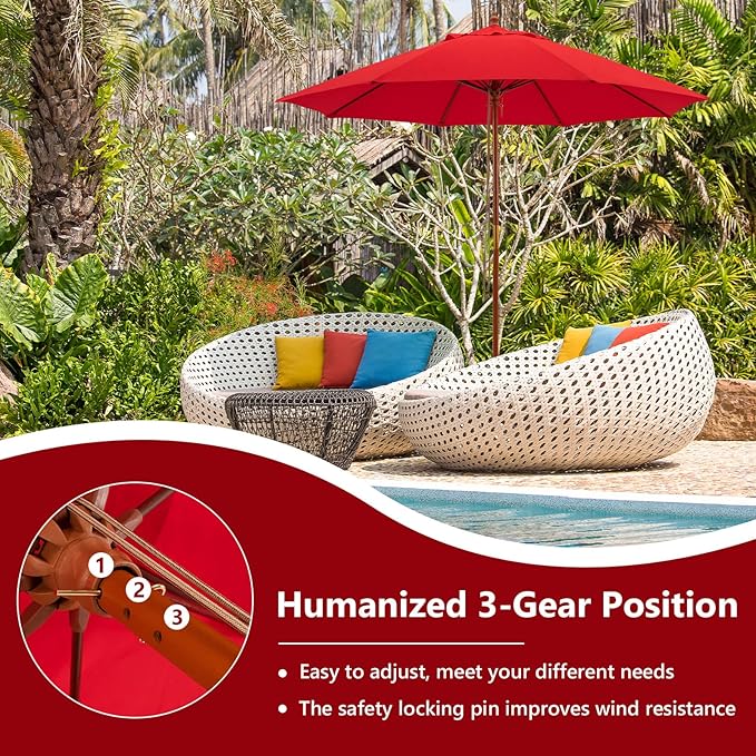 Tangkula 9.5 FT Red Wooden Pulley Umbrella with 8 Fiberglass Ribs, Rope Pulley Mechanism, and Vented Canopy for Patio, Deck, Poolside, Garden, Lawn, Terrace