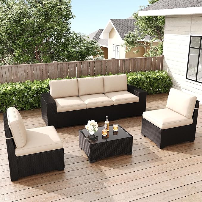 LayinSun 6 Pieces Patio Furniture Set, Black Rattan Modular Sectional Outdoor Conversation Sofa Set
