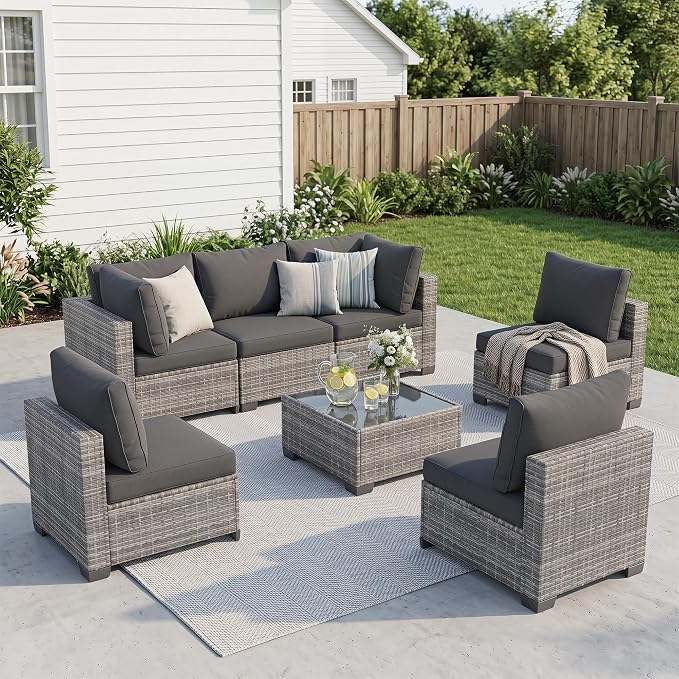 7-Piece Modular Outdoor Sectional Wicker Patio Furniture Set | All-Weather Conversation Set w/ Glass Coffee Table for Backyard, Garden, Poolside (Grey PE Rattan + Grey Cushions)