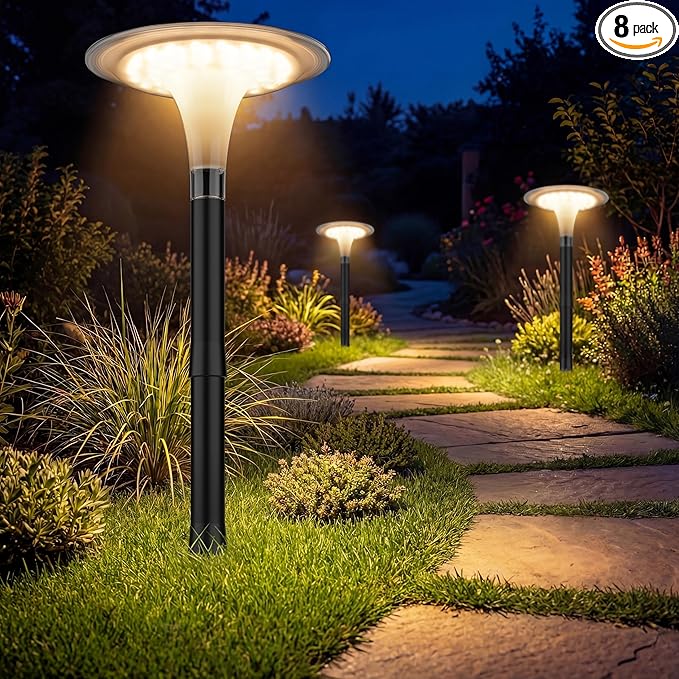 JOFIOS Solar Pathway Lights 8 Pack, 3 Color Modes, 200LM 58 LEDs Bright Landscape Lighting, 2000mAh Battery 10H+ Runtime, IP65 Waterproof Modern Walkway Lights for Garden Yard Driveway