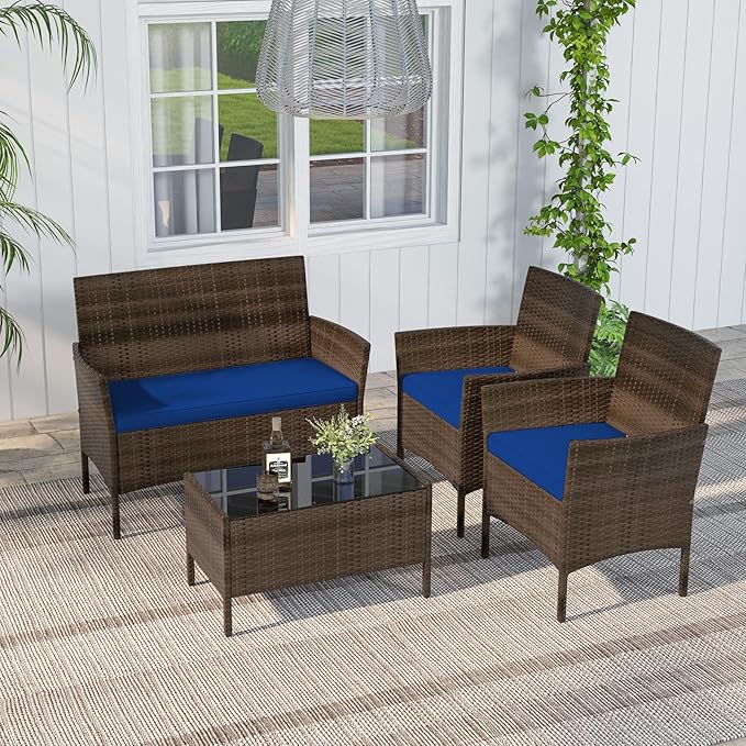 RELAX4LIFE 4-Piece Patio Furniture Set - Rattan Outdoor Conversation Bistro Set w/Cushions, Glass Coffee Table, Wicker Chairs & Loveseat for Garden Backyard Porch, Balcony Furniture Set (1, Navy)