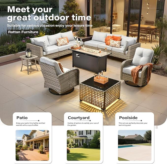 11 Pieces Outdoor Sectional Patio Furniture Set with 54" Fire Pit,Wicker Conversation Sets Rattan L Shaped Couch Swivel Rocking Chairs,Modular Outdoor Sofa for Porch Balcony Backyard Grey