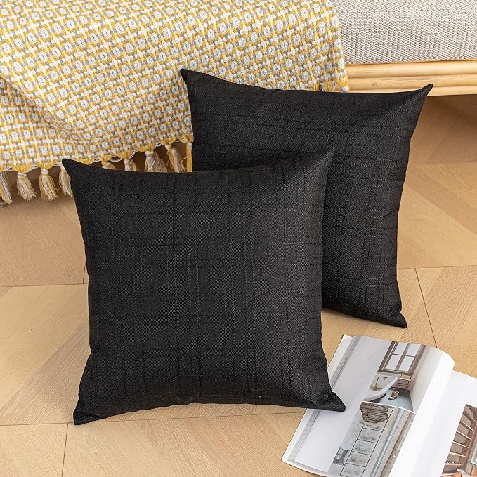 Kevin Textile Outdoor Waterproof 20”x20” Pillow Covers 2 Pack, Black | Water Resistant, Soft Faux Linen-cotton Yarn-dyed Woven Texture Throw Pillow Covers for Tent Patio Garden Couch Sofa