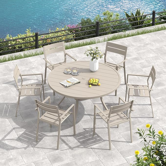 VICLLAX 47.2" Round Patio Table, Outdoor Dining Table for 6 with Umbrella Hole for Garden Lawn Deck Backyard, Sandshell