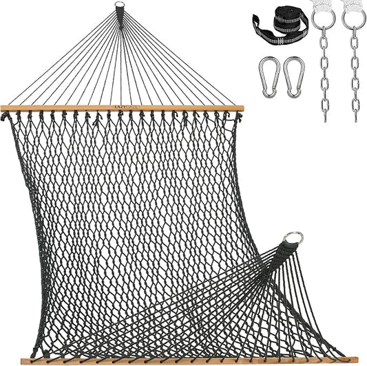 Lazy Daze Hammocks 13-FT Polyester Rope Hammock, Double 2 Person Traditional Hand Woven Outdoor Hammock with Spreader Bar, Carabiners, Tree Straps, Chains for Outside Patio- Max 450 Lbs, Grey