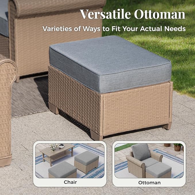 MIXPATIO Patio Furniture Set 8 pcs, Wicker Outdoor Patio Furniture, 3-Seat Sofa, 4 Single Chairs, 2 Ottomans and 56" Gas Fire Pit Table, Rattan Patio Conversation Set for Backyard Deck, Grey