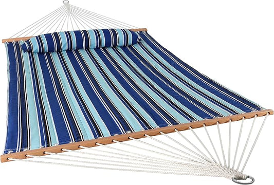 Sunnydaze Quilted Double Hammock for Outside with Spreader Bars and Pillow - 450 lb Capacity, 74x55 Inch Bed, UV Resistant, Quick Dry - Chains Included, Stand Sold Separately - Catalina Beach