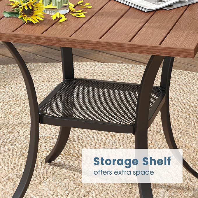 DIFY 3 Pieces Outdoor Patio Dining Set for 2, 27.6" Small Walnut Square Metal Dining Table and 2 Black Patio Stackable Chairs with Metal Frame, Outdoor Table and Chairs for Garden Porch