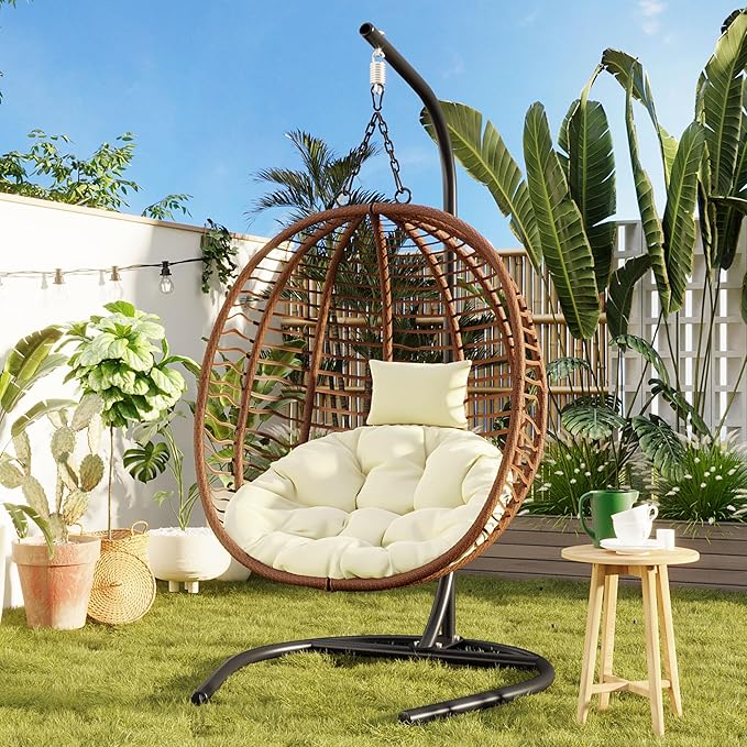 Folding Egg Chair, Outdoor Hanging Hammock Chair with Stand, Patio Wicker Hanging Chair with Iron Frame and Plush Cushion & Removable Headrest for Bedroom, Balcony, Garden (C-BrownBeige)