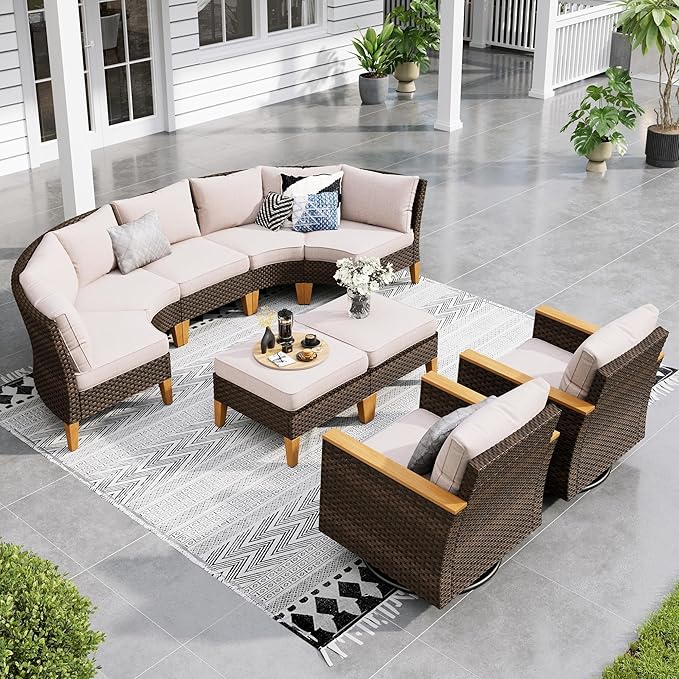 Sophia & William Half Moon Outdoor Sectional Furniture with High Back Swivel Rocker Chairs and Curved Sofa, 9PCS Wicker Patio Conversation Set for Deck Yard and Poolside, Beige