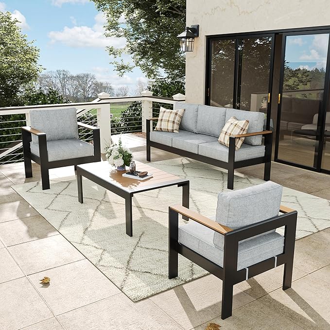 4 Pieces Aluminum Outdoor Patio Furniture Set with Coffee Table, Outside Metal Patio Conversation Sets with Deep Seating and Thick Cushions
