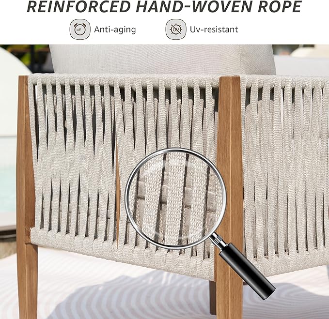 NATURAL EXPRESSIONS 4 Pieces Patio Furniture Sets, Outdoor Patio Deep Seating Group Conversation Sofa Set with Handwoven Rope, Wooden Grain Printing Metal Frame with Olefin Cushions