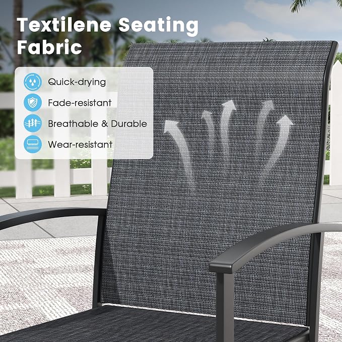 3 Pieces Outdoor Patio Dining Bar Set, 27.6" All Weather Square Metal Slatted Table with Storage Shelf and 2 High Back Textilene Swivel Chairs for Garden, Lawn, Black