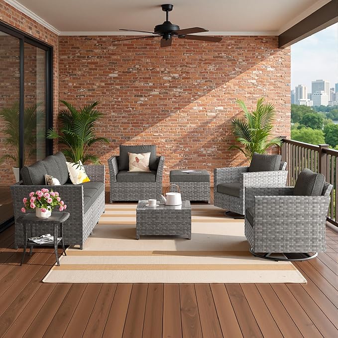 Fully Assembled & Spacious 9-Pc Outdoor Sofa Set, Patio Rattan Conversation Group with Rocking Chair and Tea Table