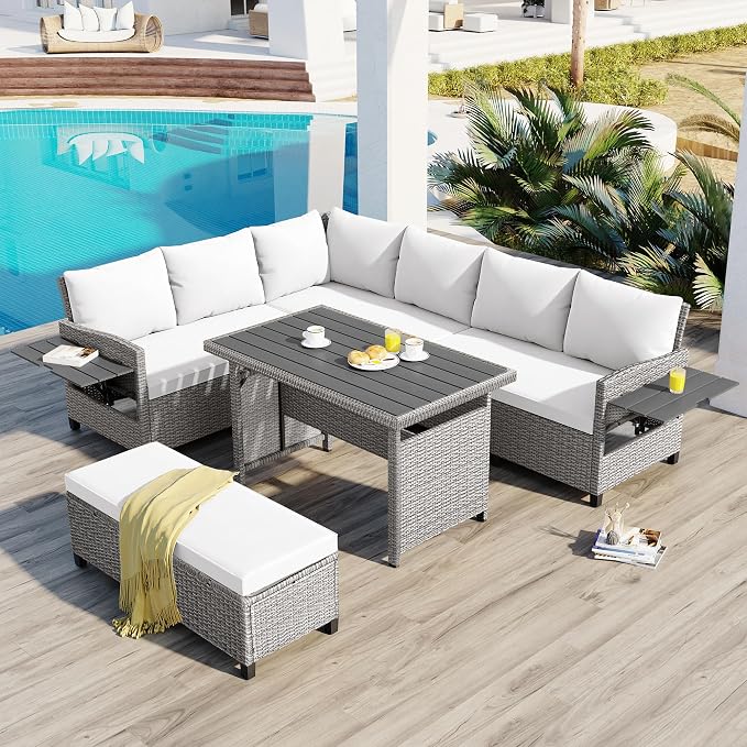 Polibi 5-Piece Outdoor Sectional Conversation Set Sofa, Rattan Wicker L-Shaped Patio Furniture Sets with 2 Extendable Side Tables, Patio Dining Table,Patio Benches for Outdoors,White