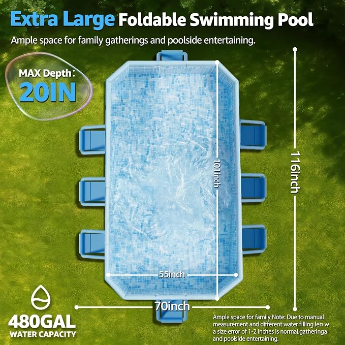 116" Foldable Pool for Kids & Adults,Blue | Non-Inflatable, Metal Frame, Thick PVC Collapsible, Swimming Pool for Kids Family Dogs,Outdoor Summer