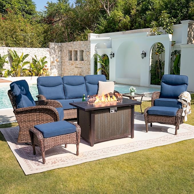 Belord Upgraded 6“ Cushion Luxury Patio Furniture Set with Fire Pit Table - 7 Piece Wicker Furniture Set with High Back Swivel Rocker Patio Chairs, Conversation Set for Deck Porch Yard - Brown/Blue