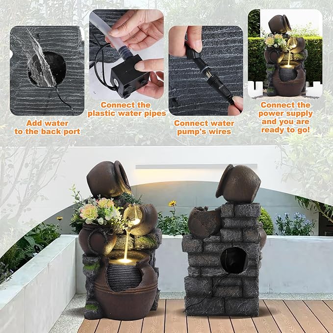4 Cascading Jugs Outdoor Fountain and Waterfalls, 3 Tiered Resin Pitchers Pot Floor Standing Water Fountain with Led Lights Pump, Soothing Tranquility Water Fountains for Home Garden Yard, 24"H