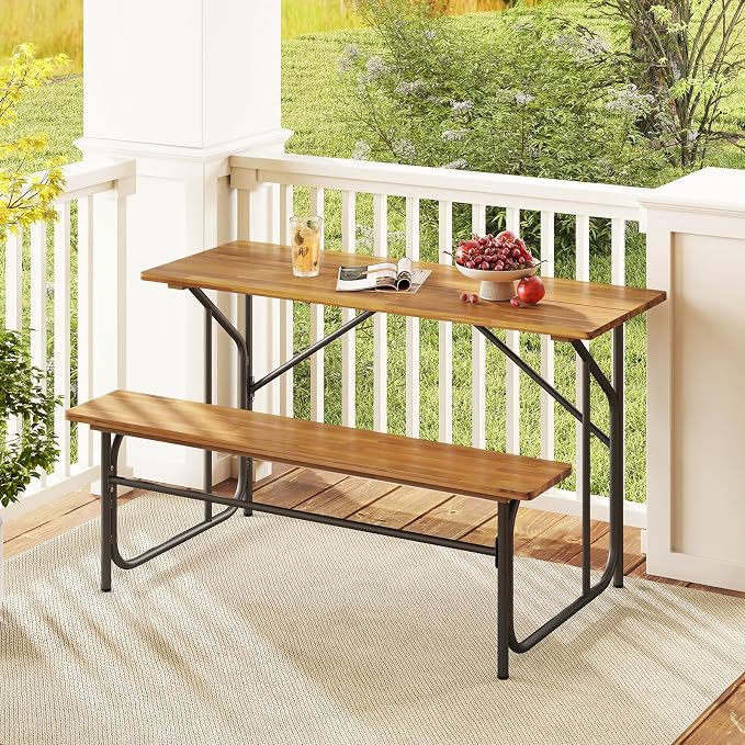 Tangkula Patio Dining Bench Set for 2, Heavy-Duty Outdoor Acacia Wood Dining Furniture with Metal Legs for Balcony, Backyard, Poolside, Garden (1,52” x 32” x 29.5”)