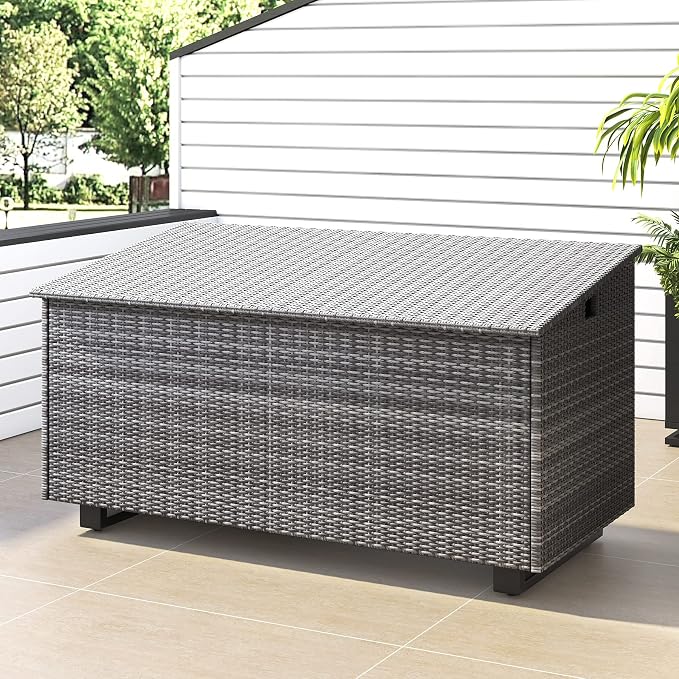 Lepus Large Outdoor Waterfroof Deck Box, 210 Gallon Rattan Deck Storage Box with Built-in Waterproof Bag for Seat Cushion on Patio Garden, Poolside (210, Dark Grey)