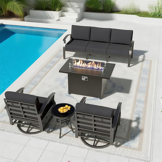 Aluminum Patio Furniture Set with 55,000 BTU Propane Fire Pit Table,5 Seats Metal Modern Outdoor Furniture w/5.1" Cushions,Patio Sectional w/Swivel Chairs for Backyard,Patio,Black