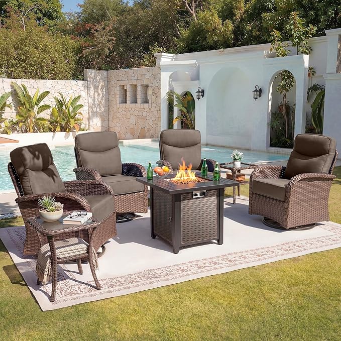 Belord Upgraded 6“ Cushion Luxury 7 Piece Patio Furniture Set with Fire Pit Table - Outdoor Furniture Set with High Back Swivel Rocker Patio Chairs, Conversation Set for Deck Porch Yard - Brown/Grey