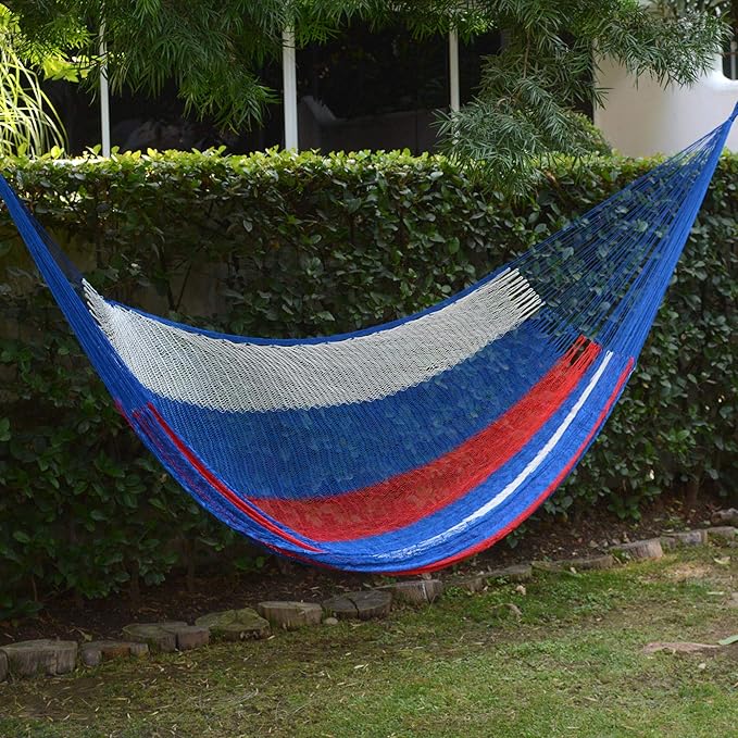 NOVICA Red White and Blue Striped Hand Woven Nylon Mayan 2 Person XL Patriotic Rope Hammock with Hanging Accessories, 'Patriotic' (Double)