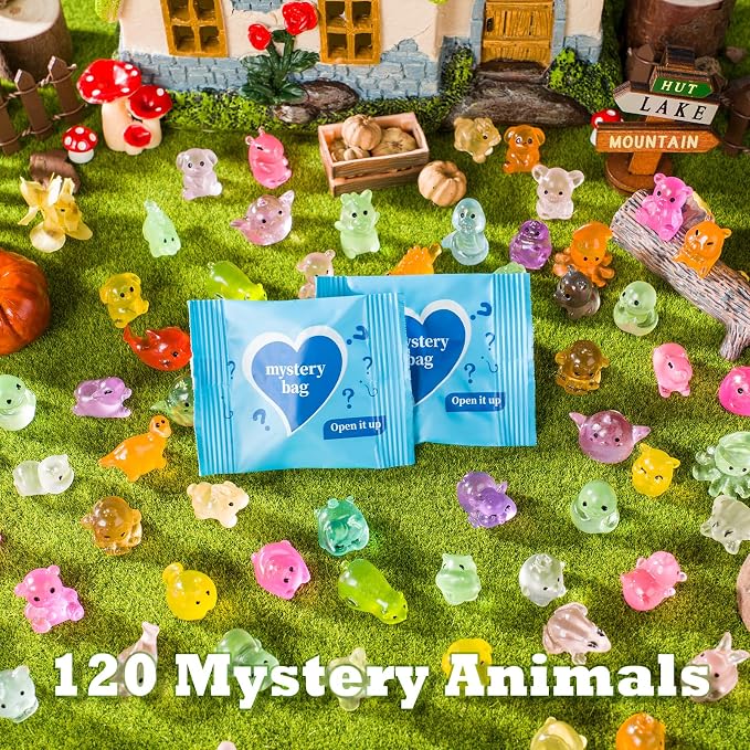 120Pcs Glow in The Dark Mini Resin Animals Mystery Bags,Individually Wrapped Blind Bags Resin Animals,Tiny Animal Figurines for Fairy Garden,Terrarium Decor,Party Favors,DIY Crafts