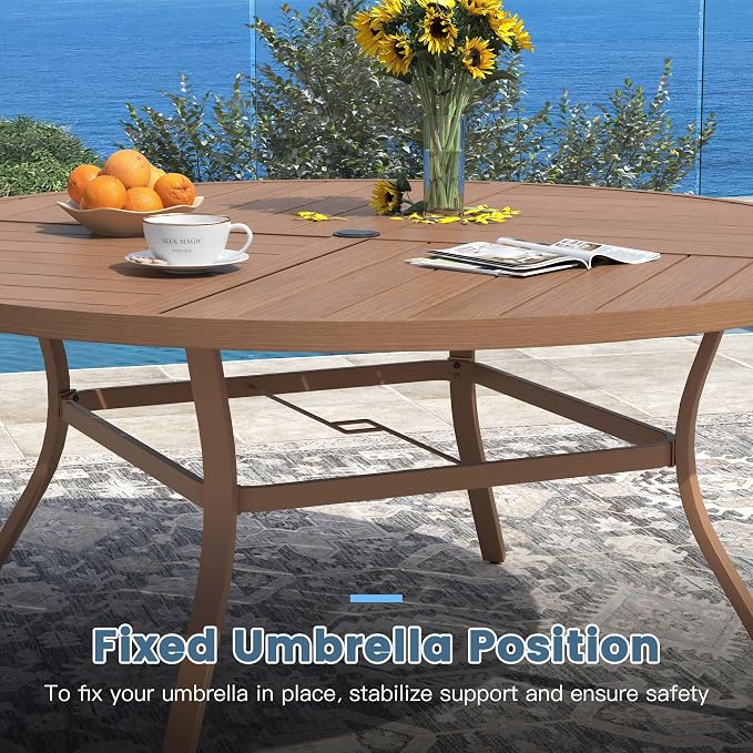 DIFY 59.8" Round Outdoor Patio Dining Table for 8-10, All-Weather Metal Steel Slatted Patio Table with 1.57" Adjustable Umbrella Hole for Garden, Backyard, Deck, Walnut