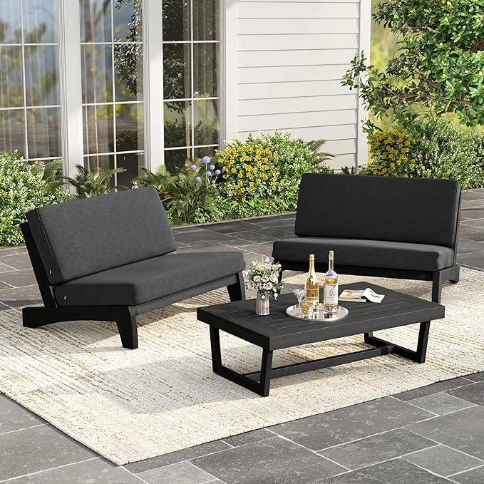UIXE Black Wood Patio Furniture Sets, 3 Pieces All Weather Patio Loveseat Sofa Outdoor Sectional Futniture Backyard Conversation Set with Solid Wooden Coffee Table - Dark Gray